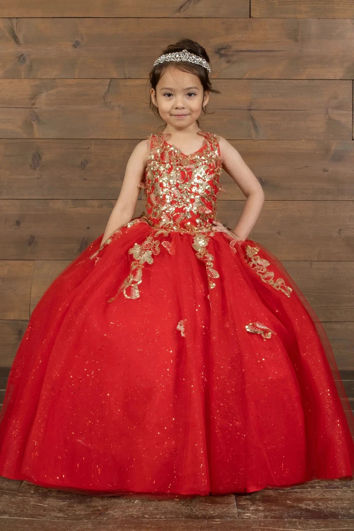 Front view of stunning red mini quince dress with 3D floral appliqué bodice and glitter tulle layered skirt.