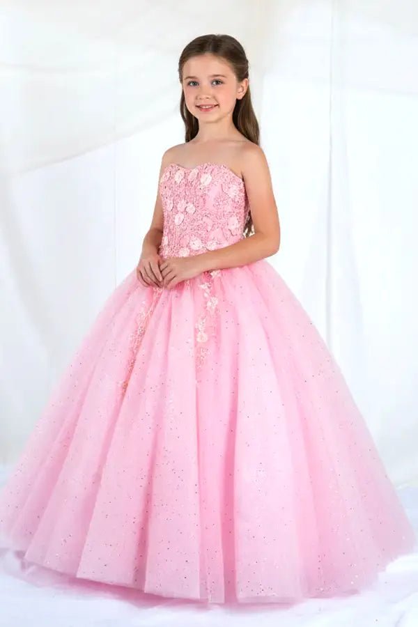 Front view of elegant bubble pink mini quince dress with 3D floral appliqué bodice and glitter tulle layered skirt.