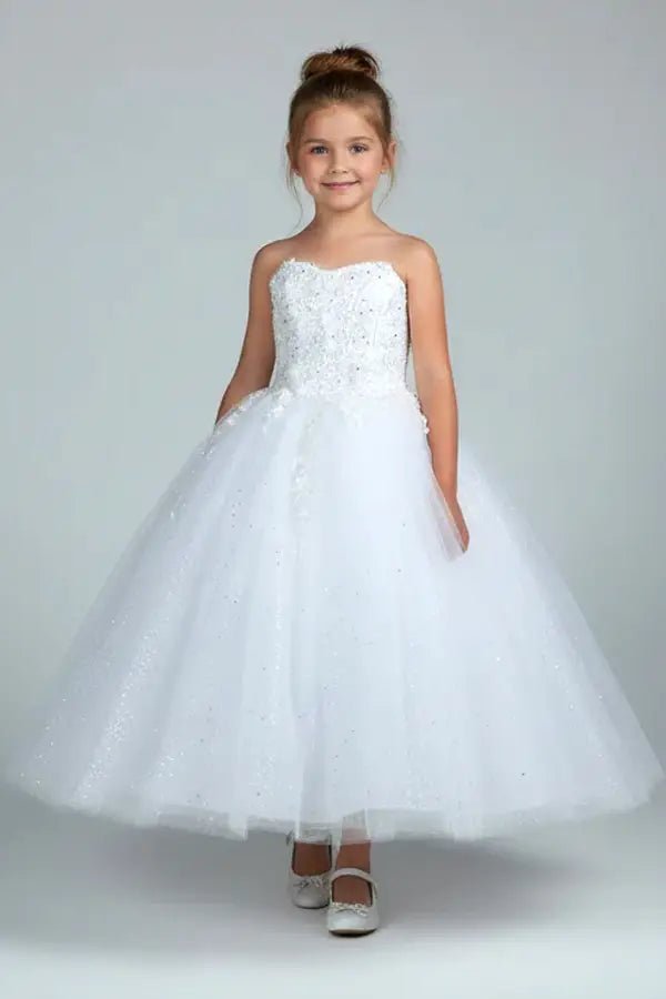Front view of stunning blush pink mini quince dress with 3D flower appliqué bodice and glitter tulle layered skirt.
