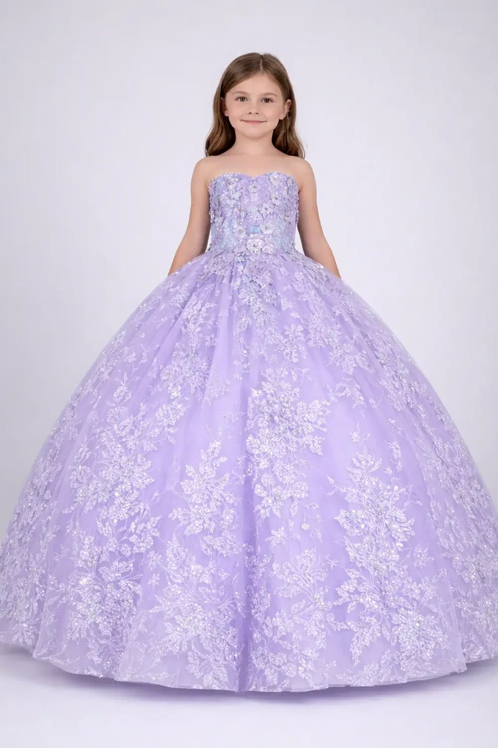 Front view of lilac mini quince dress with 3D flower appliqué bodice, butterfly accents, and glitter tulle layered skirt.