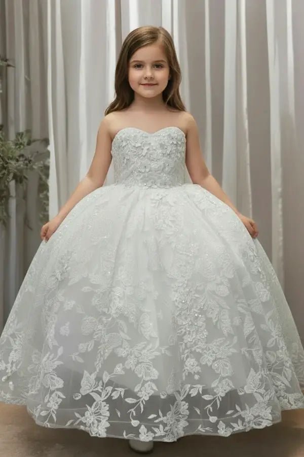 Front view of white mini quince dress with 3D flower appliqué bodice, butterfly accents, and glitter tulle layered skirt.