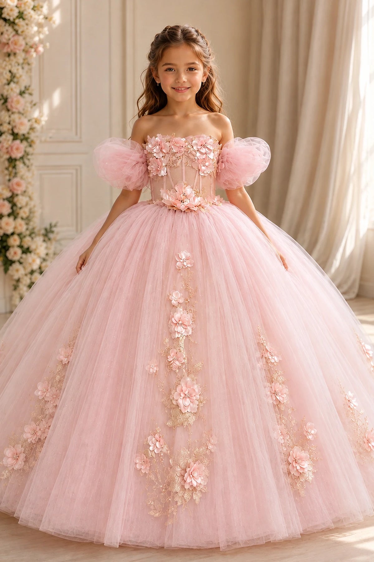 Sparkling details shape, the Light Pink mini quince dress showcases soft tulle puff sleeves and vertical three-dimensional floral appliqués.