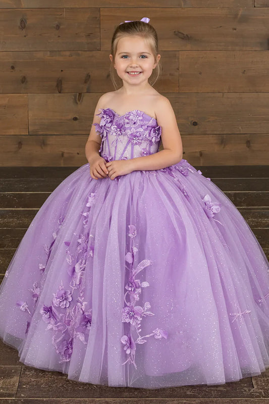 Front view of enchanting lilac mini quince dress with 3D floral appliqué bodice and glitter tulle layered skirt.