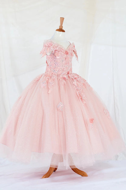 Detailed view highlights side-facing display of an blush mini quince dress featuring a fitted bodice, detachable bow accent.