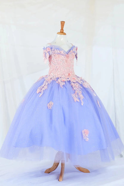 Intricate features stand out across bahama blue Lilac/Blush mini quince dress with glitter embroidery bodice, beaded sleeves.