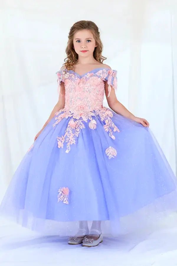 Front-facing view of lilac and blush mini quince dress with fitted bodice, detachable bow accent, glitter tulle detailing, and sweetheart neckline.