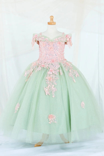 Front-facing display of an elegant sage and blush mini quince dress featuring a fitted bodice, detachable bow accent, and a glitter tulle layered skirt.