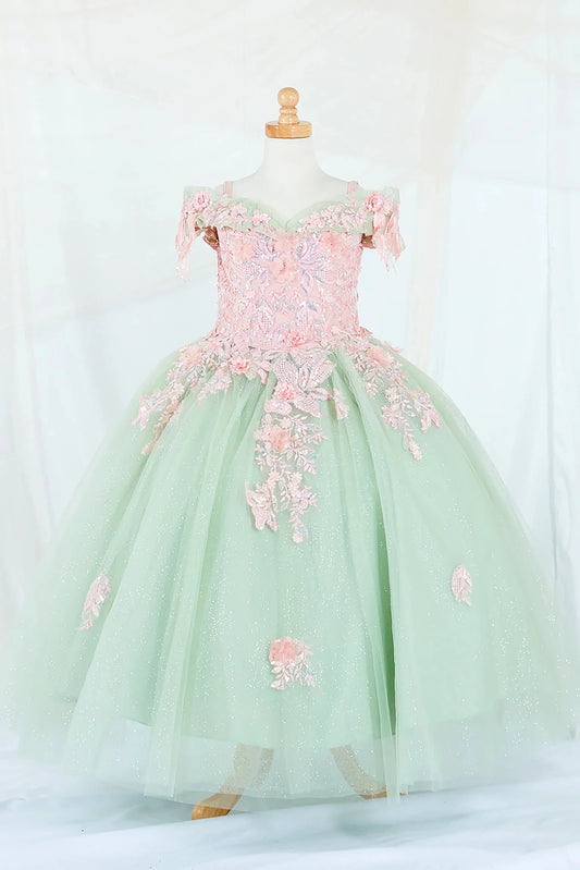 Front-facing display of an elegant sage and blush mini quince dress featuring a fitted bodice, detachable bow accent, and a glitter tulle layered skirt.