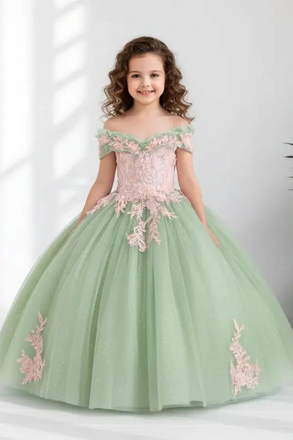 Front view of elegant sage and blush mini quince dress with fitted bodice, detachable bow accent, and glitter tulle layered skirt.