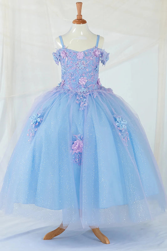 Front-facing display of an elegant light blue and lilac mini quince dress featuring a 3D floral corset bodice and a glitter tulle layered skirt.