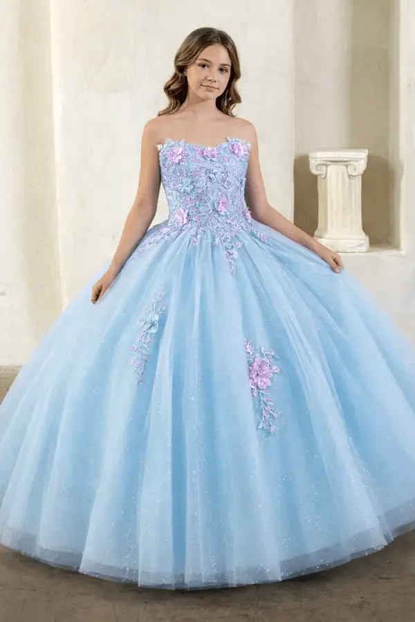 Front view of elegant light blue and lilac mini quince dress with 3D floral corset bodice and glitter tulle layered skirt.