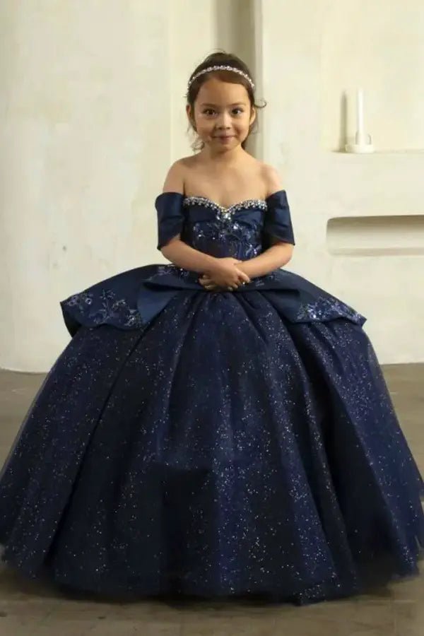 Front view of elegant navy mini quince dress with lace corset bodice and glitter tulle layered skirt.