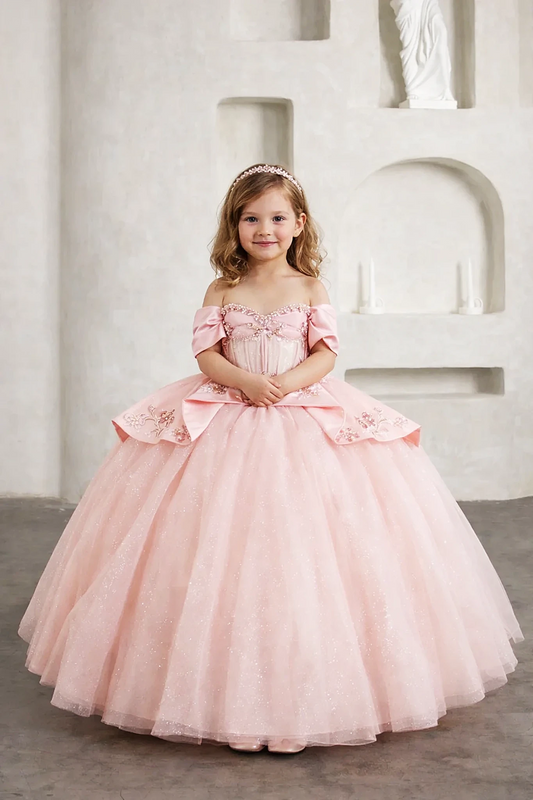 Front view of stunning blush mini quince dress with beaded fringe detail and 3D floral appliqué bodice, paired with glitter tulle layered skirt.