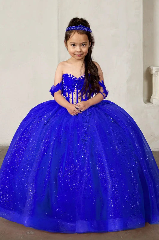 Front view of elegant royal blue mini quince dress with crystal beaded bodice, detachable bow accent, and glitter tulle layered skirt.
