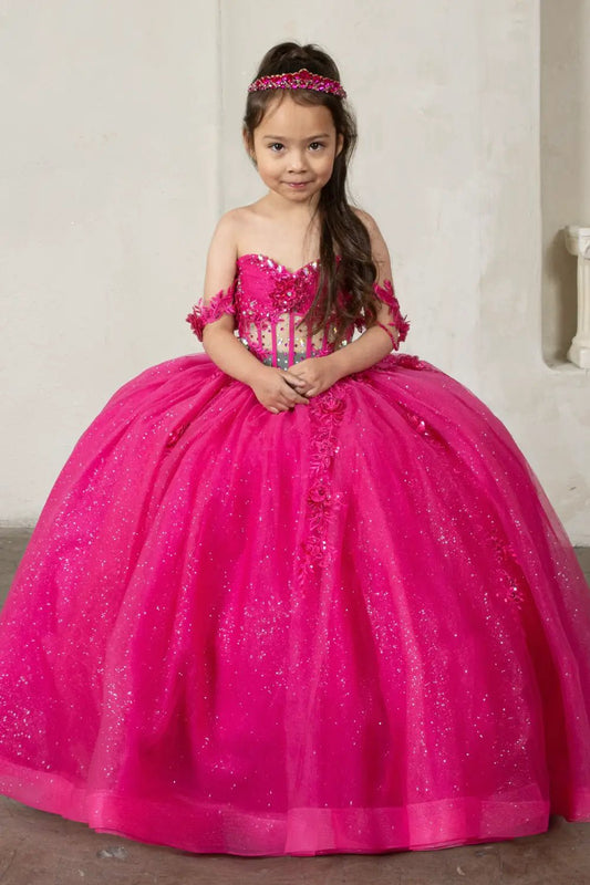 Front view of elegant fuchsia mini quince dress with crystal beaded bodice, detachable bow accent, and glitter tulle layered skirt.