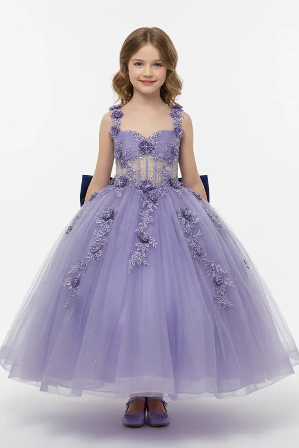 Front view of stunning emerald mini quince dress with 3D floral appliqué bodice and glitter tulle layered skirt.