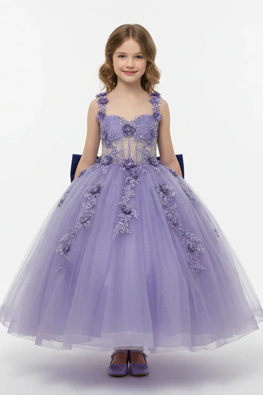Front view of stunning emerald mini quince dress with 3D floral appliqué bodice and glitter tulle layered skirt.