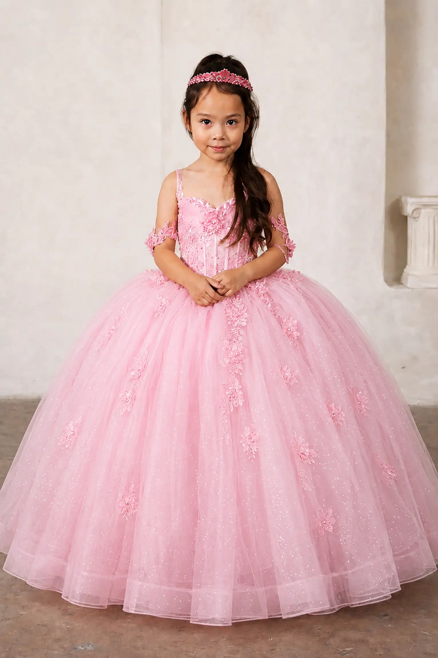 bubble pink mini quince dress with crystal beaded bodice, 3d flowers and glitter tulle layered skirt.