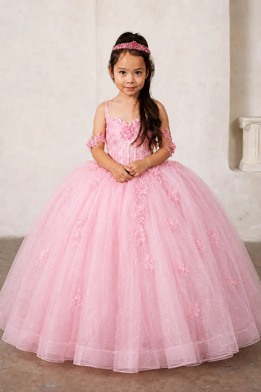 bubble pink mini quince dress with crystal beaded bodice, 3d flowers and glitter tulle layered skirt.