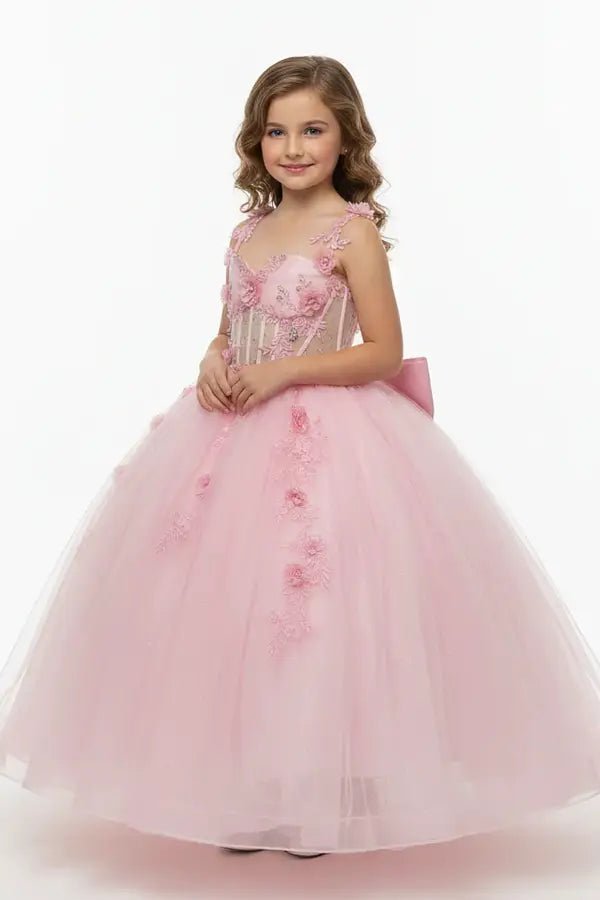 Front view of pink Bubble Pink Kids Dress with Crystal Beading and 3D Floral Embroidery, Mini Quince Dress.