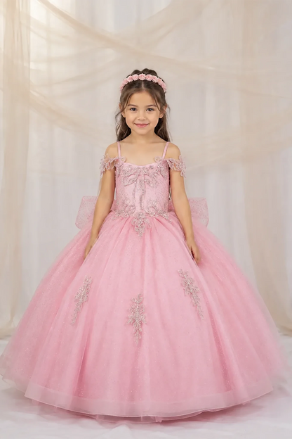 voluminous pink pageant gown with off-the-shoulder straps, floral lace applique