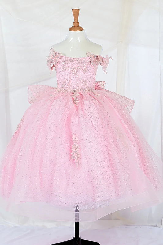 Front view of elegant pink mini quince dress with beaded corset bodice and layered glitter tulle skirt.