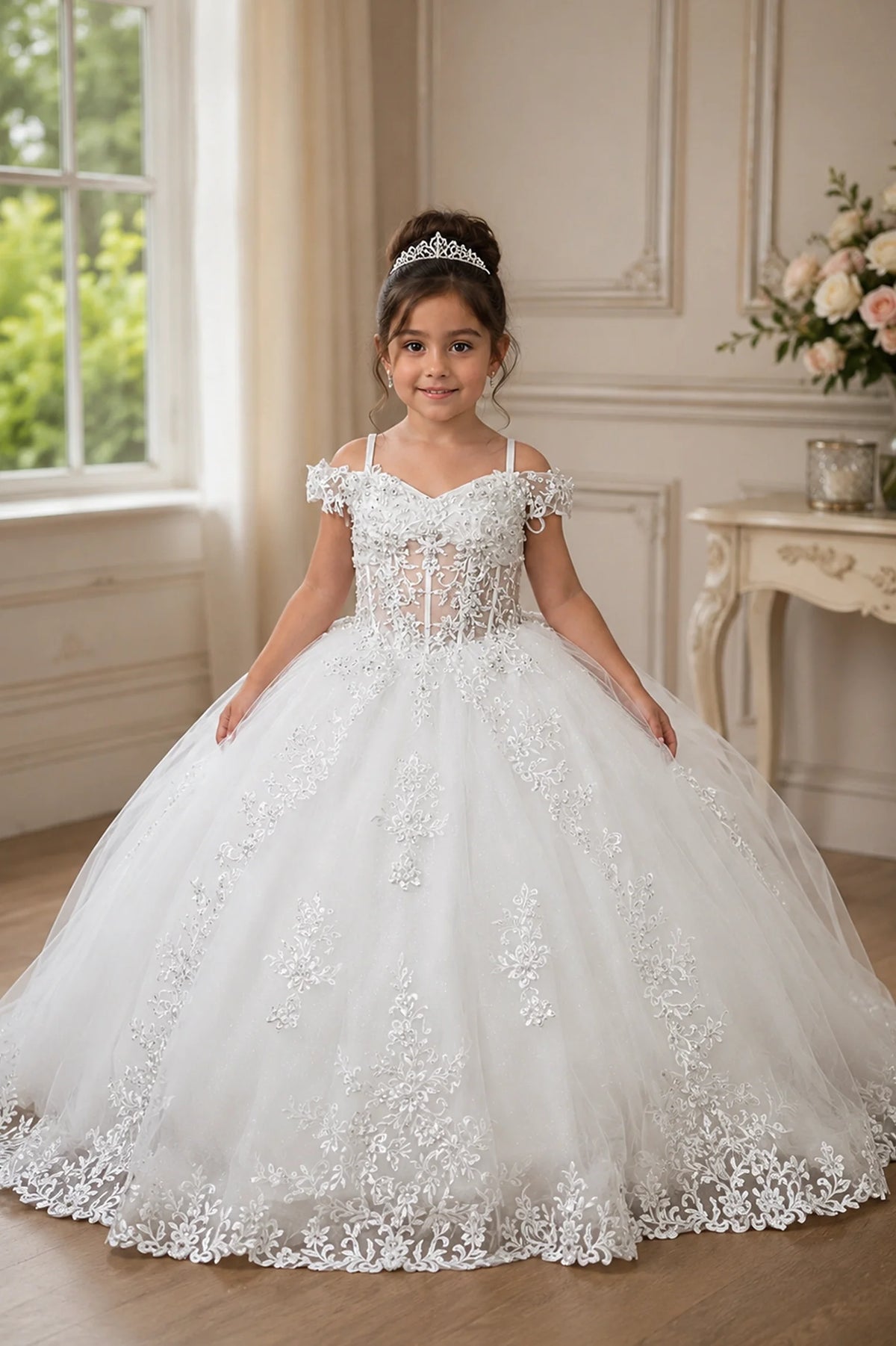 Rich texture defines, the White mini quince dress showcases embroidered floral lace bodice and full tulle skirt with a large bow at the back.