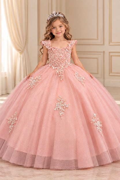 Mauve floral tulle mini quince and pageant dress with a beaded bodice and dimensional floral shoulder details.