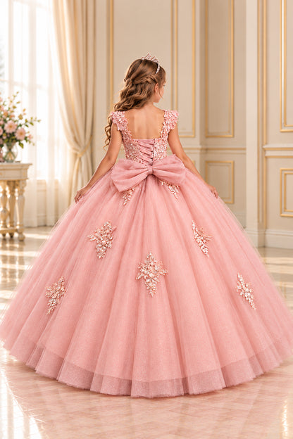 Back of the Mauve floral tulle mini quince and pageant dress showing its lace-up bodice and large bow.