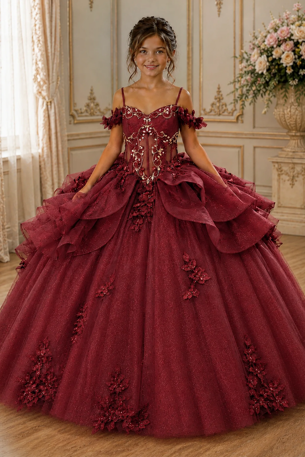 Seen at full length, the Burgundy mini quince dress showcases ruffled off-the-shoulder neckline and floral appliqués over a full tulle ball gown skirt.