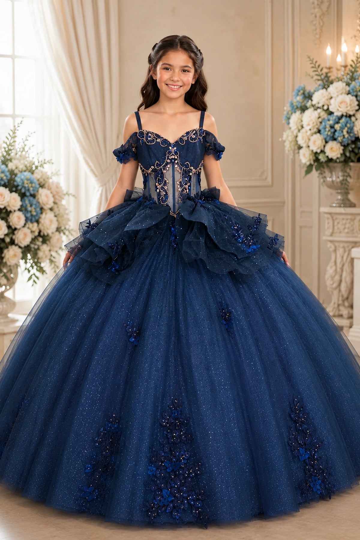 The formal silhouette presents, the Navy mini quince dress showcases ruffled off-the-shoulder neckline and floral appliqués over a full tulle ball gown skirt.