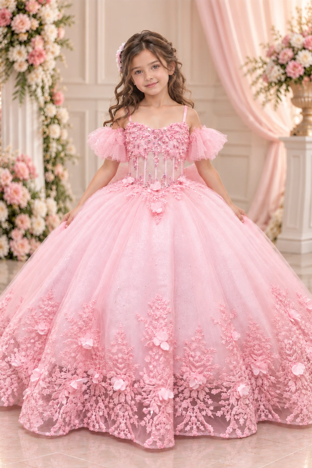 At the bodice and skirt, the Bubble Pink mini quince dress showcases soft tulle puff sleeves and a lace-up bodice and floral lace trim around the full ball gown skirt.