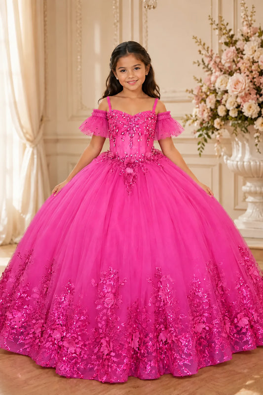 Across the silhouette, the Fuchsia mini quince dress showcases soft tulle puff sleeves and a lace-up bodice and floral lace trim around the full ball gown skirt.