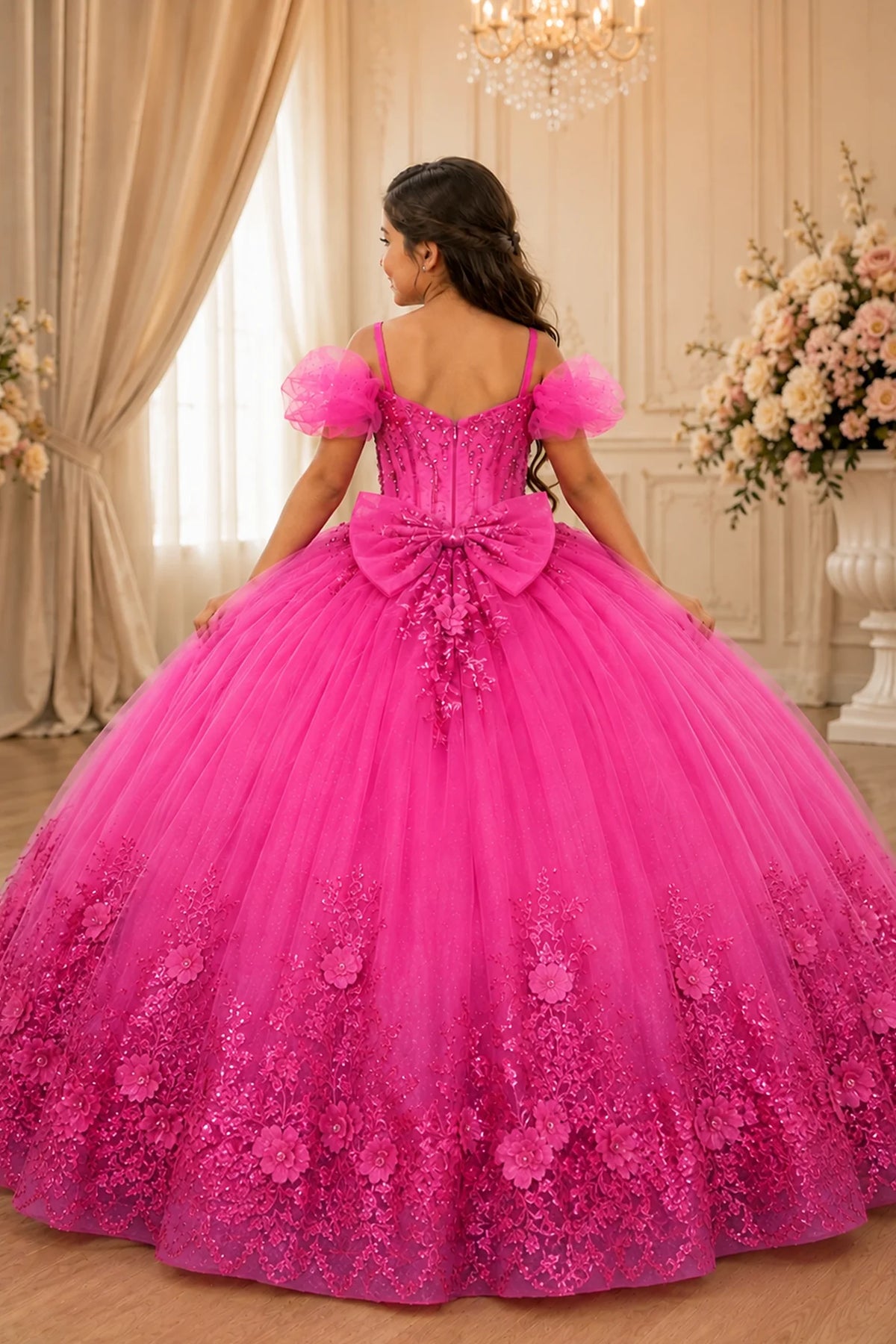 The reverse view reveals, the Fuchsia mini quince dress displays its lace-up finish and floral lace trim around the full ball gown skirt.