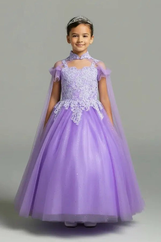 Kid standing front-facing in exquisite lilac ball gown with sequin bodice, matching cape, and voluminous full skirt