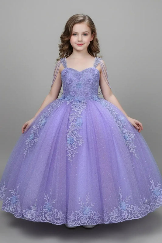 Kid standing front-facing in stunning lilac ball gown with beaded fringe bodice, 3D floral appliqués, and voluminous layered skirt