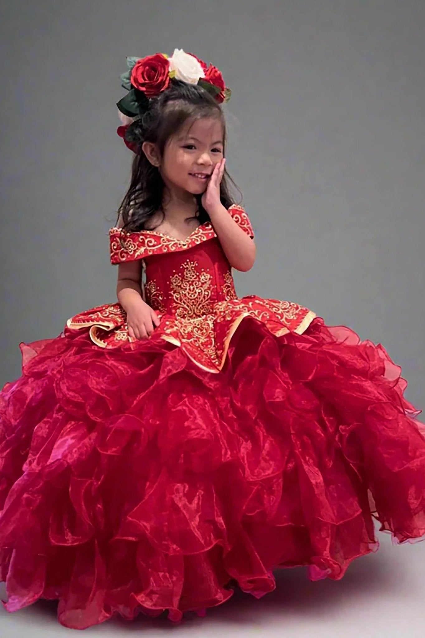 Red Kids Mini Quinceanera Ball Gown with Gold Embroidery 4 / Red