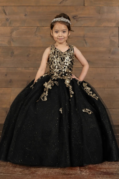 Black Kids Dress with 3D floral applique bodice and glitter tulle layered skirt