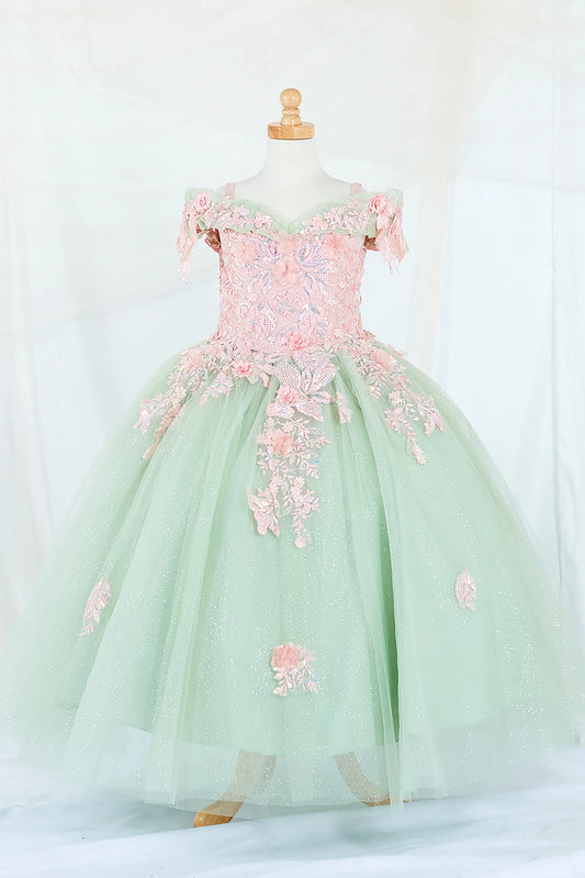 Front-facing display of an elegant sage and blush ball gown featuring a fitted bodice, detachable bow accent, and a glitter tulle layered skirt.