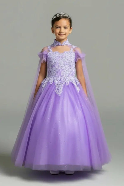 Kid standing front-facing in exquisite lilac ball gown with sequin bodice, matching cape, and voluminous full skirt