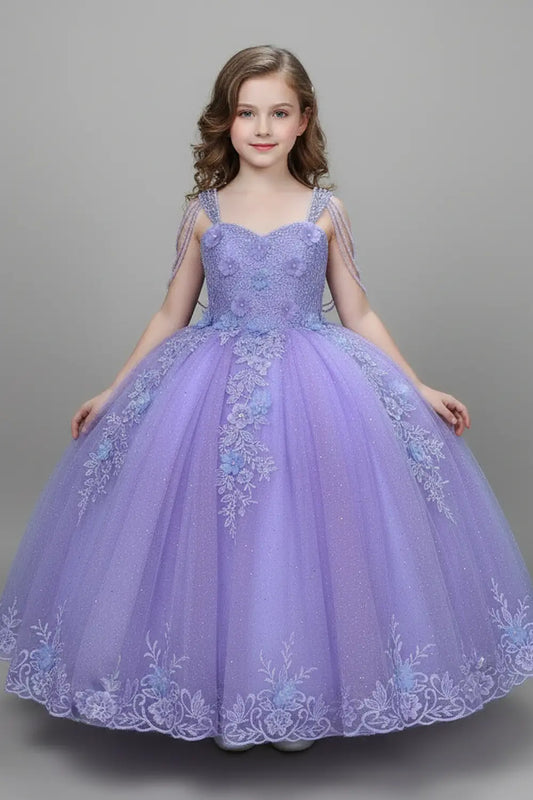 Young woman standing front-facing in stunning lilac ball gown with beaded fringe bodice, 3D floral appliqués, and voluminous layered skirt
