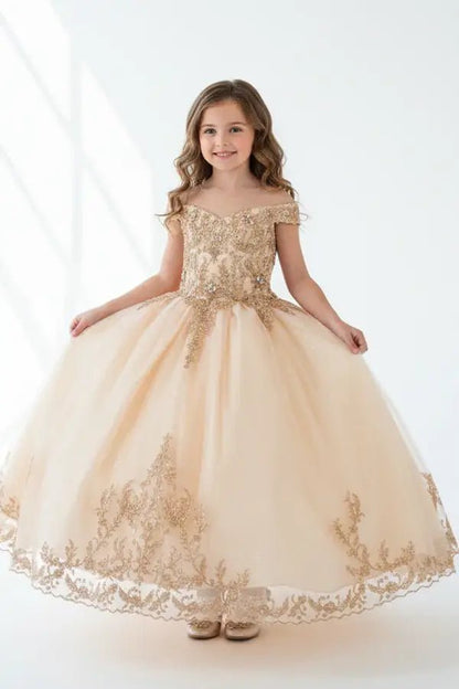 Front-facing blush ball gown fabric with delicate lace appliqué and sparkling glitter tulle texture
