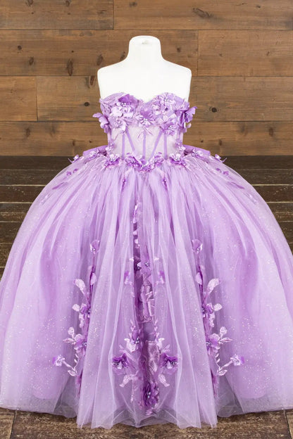 Front-facing view of lilac ball gown with 3D floral appliqué bodice, glitter tulle detailing, and sweetheart neckline