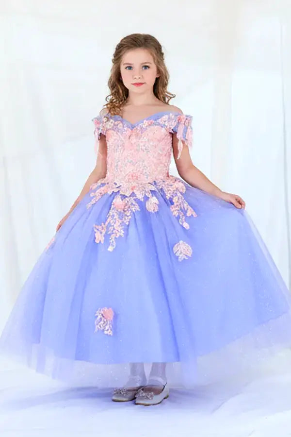 Front-facing view of lilac and blush ball gown with fitted bodice, detachable bow accent, glitter tulle detailing, and sweetheart neckline