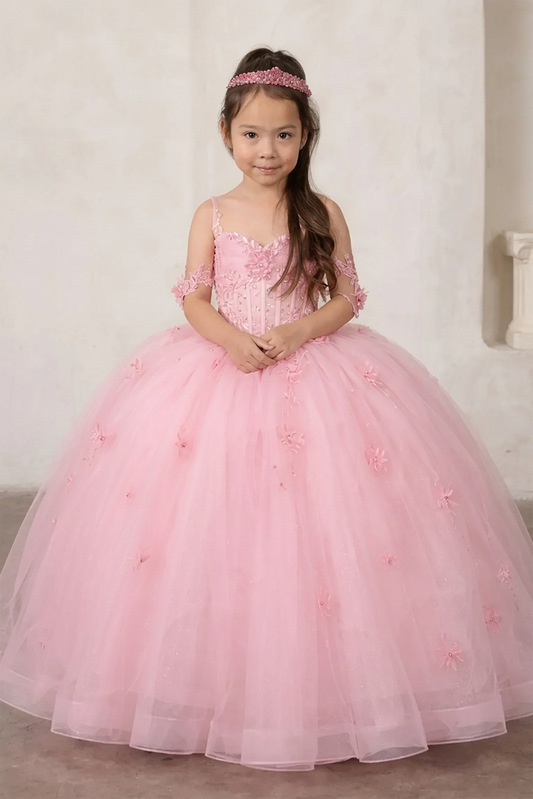 Kid standing front-facing in elegant bubble pink ball gown with crystal beaded bodice, detachable bow accent, and glitter tulle layered skirt