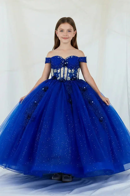 Front-facing view of royal blue ball gown with crystal beaded bodice, detachable bow accent, glitter tulle detailing, and sweetheart neckline