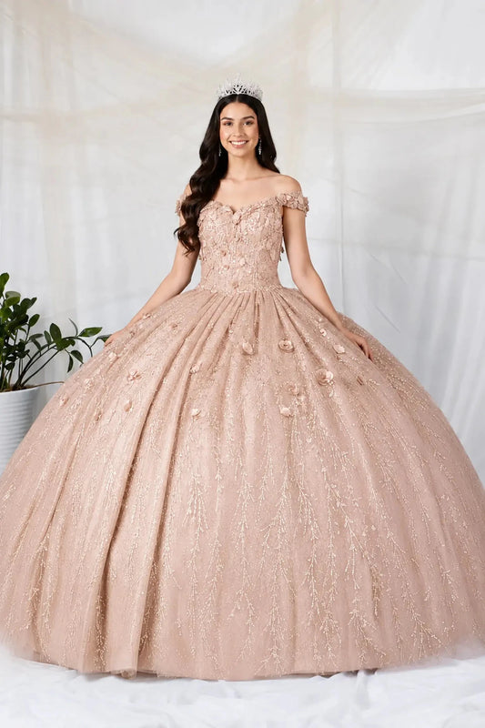 Champagne quinceañera ball gown with 3D floral applique, glitter fabric and detachable sheer cape