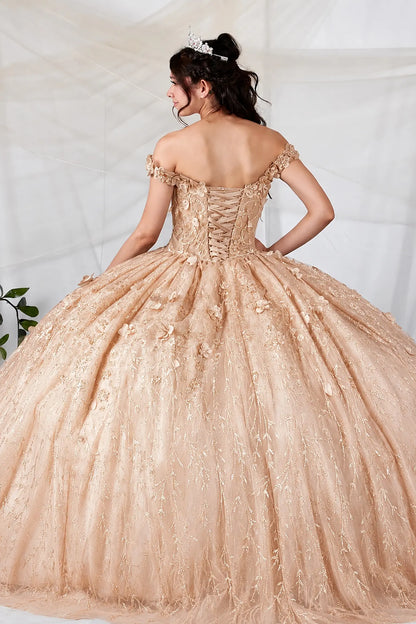 Back view of a champagne quinceanera dress with lace-up corset, 3D floral appliques and glitter tulle skirt