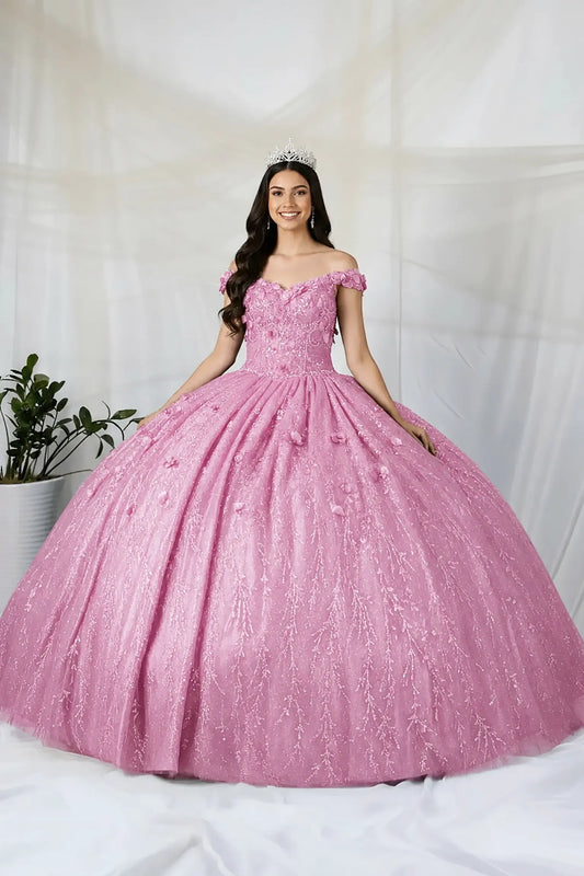 Front view of a dusty rose quinceanera dress with 3D floral appliques, glittered fabric, and detachable sheer flowing cape