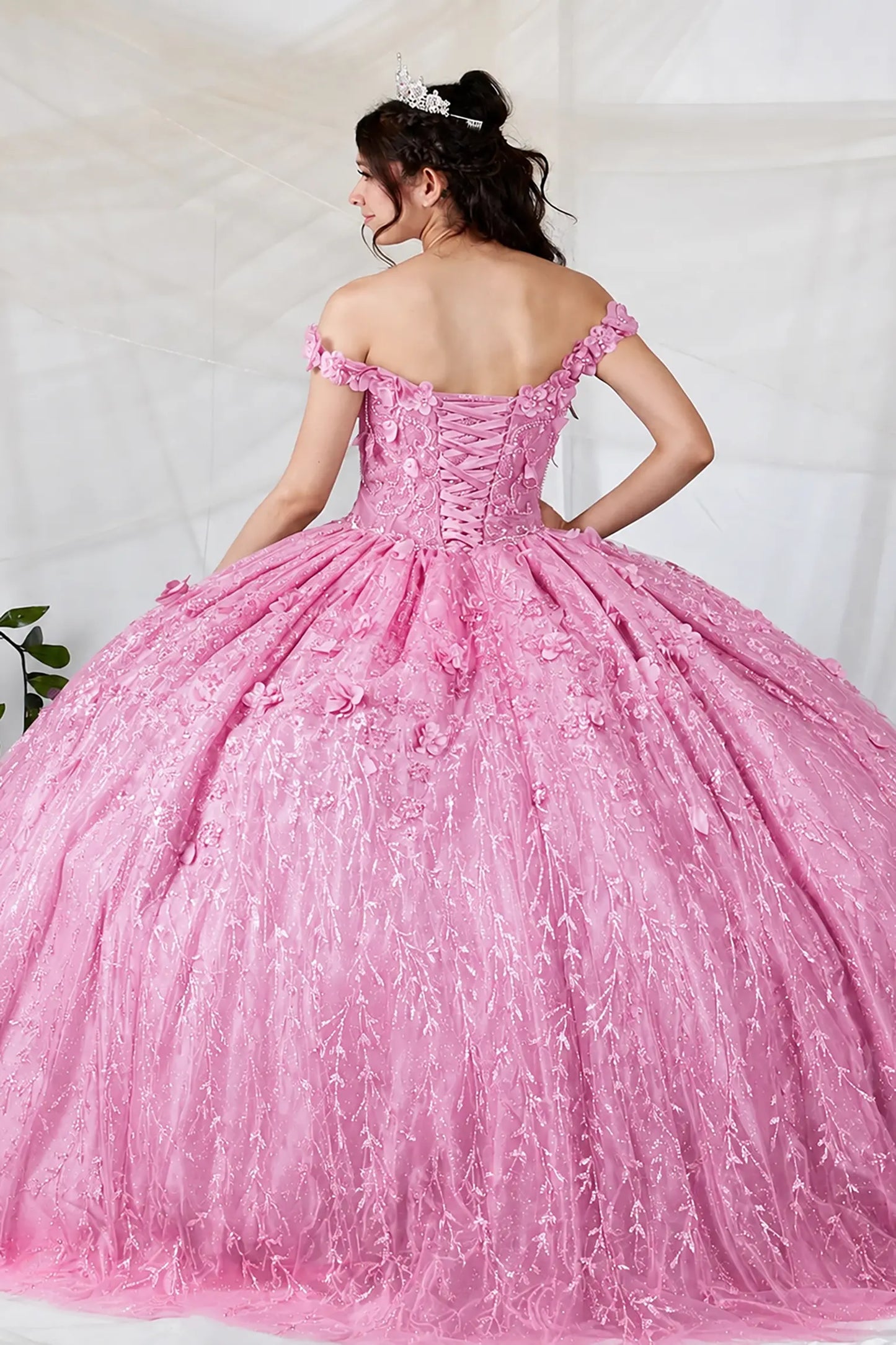 Back view of a dusty rose quinceanera dress with lace-up corset, 3D floral appliques and glitter tulle skirt